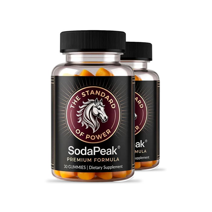 Two bottles of SodaPeak gummies, benefits for men's energy and drive