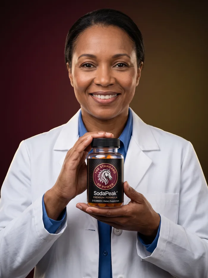 Health professional holding a bottle of SodaPeak men's vitality gummies